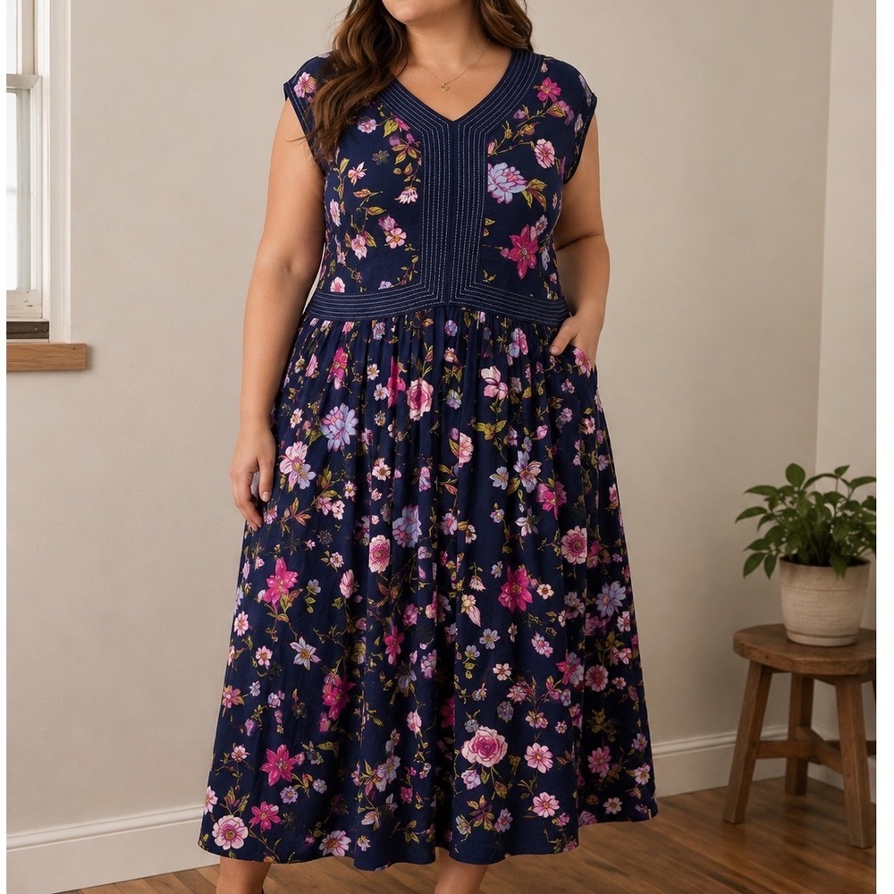 Jessica London Floral Midi Dress Navy Pink Cottagecore Romantic Rayon Size 2/3X